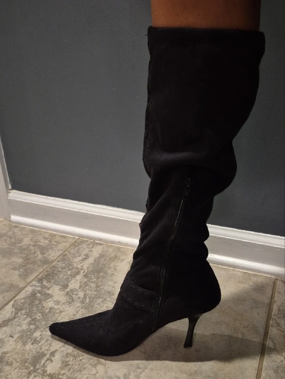 BCBGirls Black To-the-Knee Stiletto Boots with Decorative Buckle